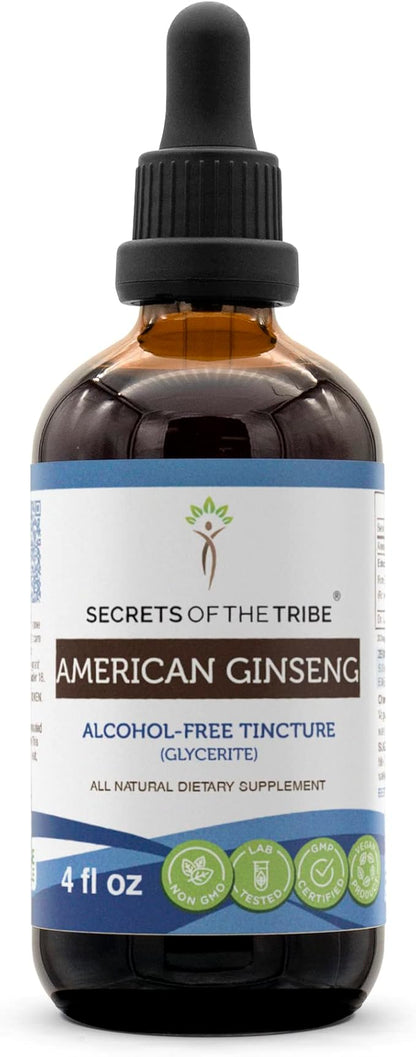 Secrets of the Tribe American Ginseng Tincture Alcohol-Free Extract, Farm Grown American Ginseng (Panax Quinquefolius) Dried Root Tincture Supplement (4 FL OZ)