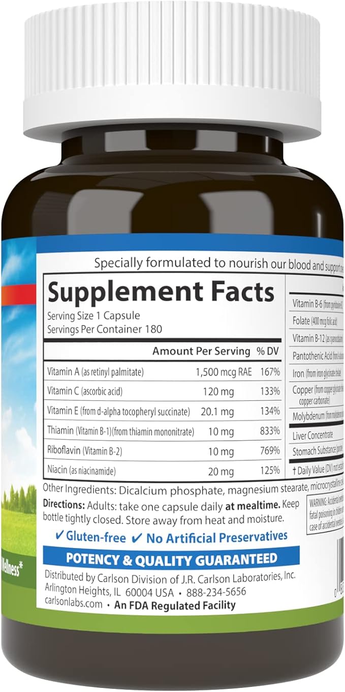 Carlson - Blood Nutrients, 28 mg Iron, Blood Development, Iron Absorption & Optimal Wellness, 180 Capsules
