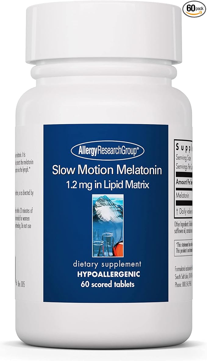 Allergy Research Group Slow Motion Melatonin - Sleep Aid, Low Dose, Lipid Matrix, 1mg Supplement, Pure, Hypoallergenic, Scored Tablets - 60 Count