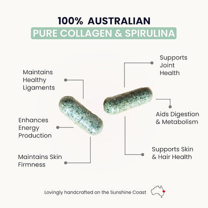 Organic Collagen Australia Pure Collagen & Spirulina Capsules – Antioxidant-Rich Supplement for Skin Elasticity, Joint Health, Metabolism Support & Energy (120 Capsules)