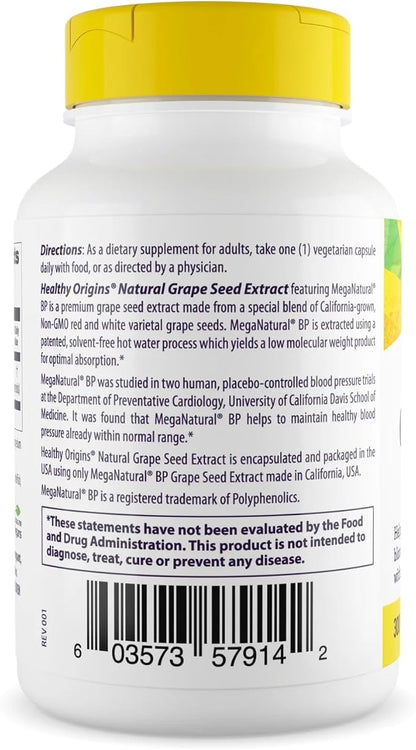 Healthy Origins Grape Seed Extract 300 mg (MegaNatural BP, Non-GMO, California-Grown, Gluten Free, Supports Healthy Blood Pressure), 60 Veggie Caps