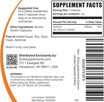 BulkSupplements.com Calcium Lactate Capsules - Calcium Lactate Supplement, 200mg per Serving - 240 Capsules (Pack of 1)