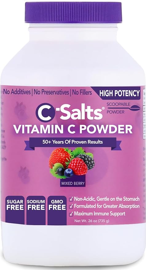 C-Salts Original Vitamin C Powder Supplement - 100% Pure High Dose Buffered Vitamin C Powder for Immune Support - Sugar-Free Powdered Drink Ascorbate, Organic, Stomach-Friendly, Mixed Berry 26oz