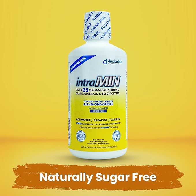 Drucker Labs - intraMIN Organic Liquid Minerals Supplement for Men, Women, Kids, Immune and Muscle Support, Non GMO, Gluten Free, Vegan, Electrolytes, Sugar Free (32 oz.,Unflavored)