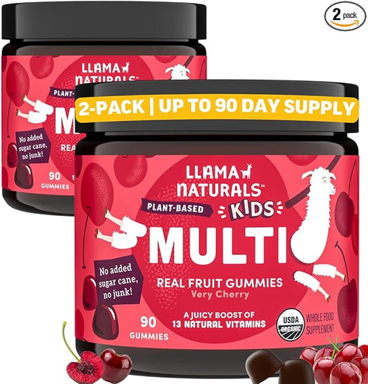 Llama Naturals Kids Multivitamin Gummies, Vegan, Organic with Vitamin D, C & K, Toddler Real Fruit Gummy Vitamins, Chewable Supplement, Whole Food Multivitamin, No Added Sugar Cane, Cherry, 2 Pk