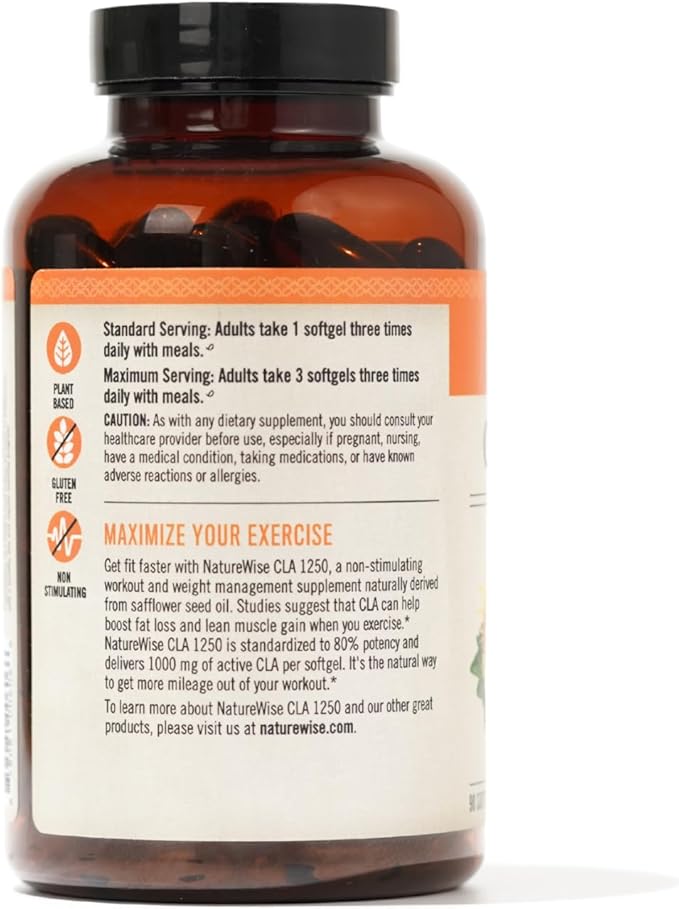 NatureWise CLA 1250 - Conjugated Linoleic Acid Supplement for Women and Men, Not Stimulating, Supports Healthy Weight, Fitness Goals - Non-GMO, Gluten Free - 90 Softgels[1-Month Supply]