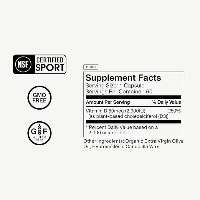 Momentous Vitamin D3 Supplement - 2000 IU Capsules for Foundational Health Support - NSF Certified, Gluten Free, 60 Servings