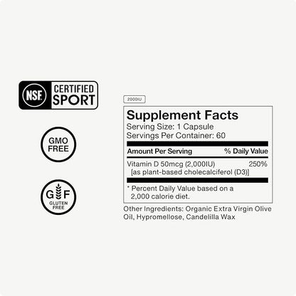 Momentous Vitamin D3 Supplement - 2000 IU Capsules for Foundational Health Support - NSF Certified, Gluten Free, 60 Servings