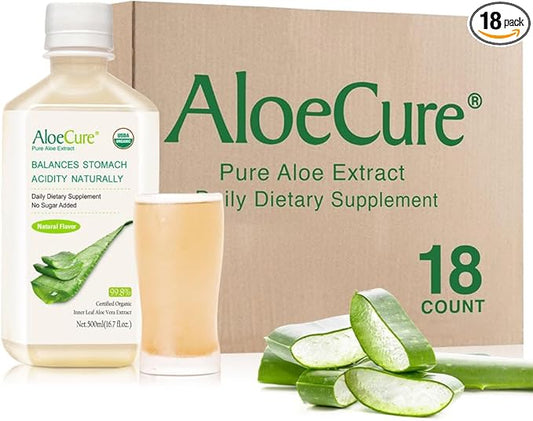 AloeCure USDA Organic Aloe Vera Juice Made Within 12 Hrs of Harvest - Pure Aloe Juice Natural Digestive Supplement to Support Digestion, Immune System and Balanced Stomach Acidity, 18 x 500ml Bottles