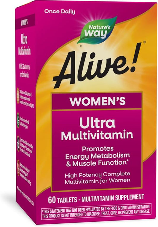Nature's Way Alive! Women's Daily Ultra Multivitamin, High Potency Formula, Promotes Energy Metabolism and Muscle Function*, with Methylated B12, 60 Tablets (Packaging May Vary)