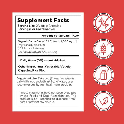 Organic Camu Camu Extract 20% Vitamin C Capsules - Immune, Collagen, Metabolism Support - 120 Veggie Capsules - Non GMO, Gluten Free, Vegan Supplement
