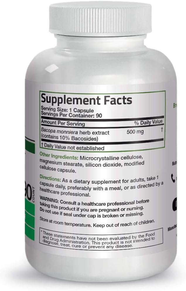 Bronson Bacopa Monnieri Extract 500 mg - Promotes Mental Clarity and Brain Function - Non GMO, 90 Vegetarian Capsules