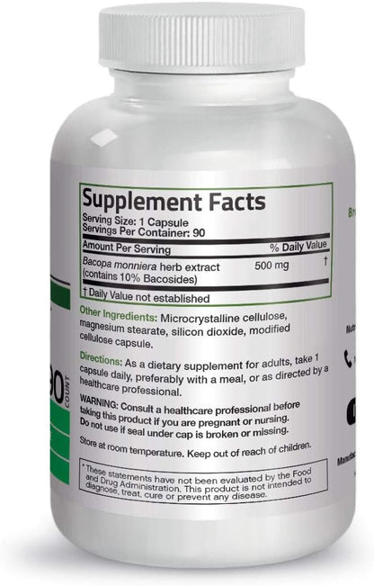 Bronson Bacopa Monnieri Extract 500 mg - Promotes Mental Clarity and Brain Function - Non GMO, 90 Vegetarian Capsules