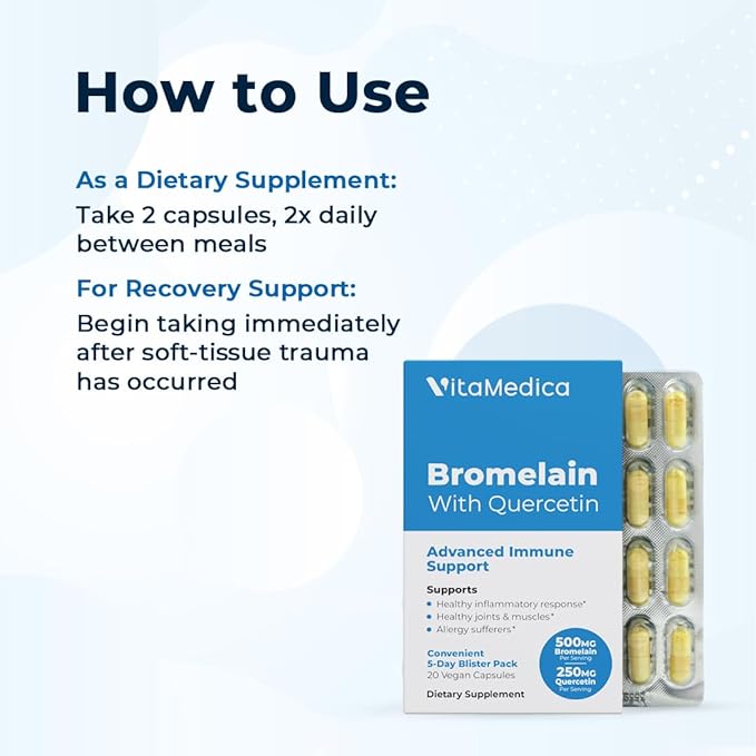 VitaMedica Bromelain & Quercetin Supplement - 500mg Bromelain 250mg Quercetin - 2400 GDU for Immunity, Joint Support, Inflammation and Muscle Recovery - 20 Vegan Capsules - 5 Day Supply