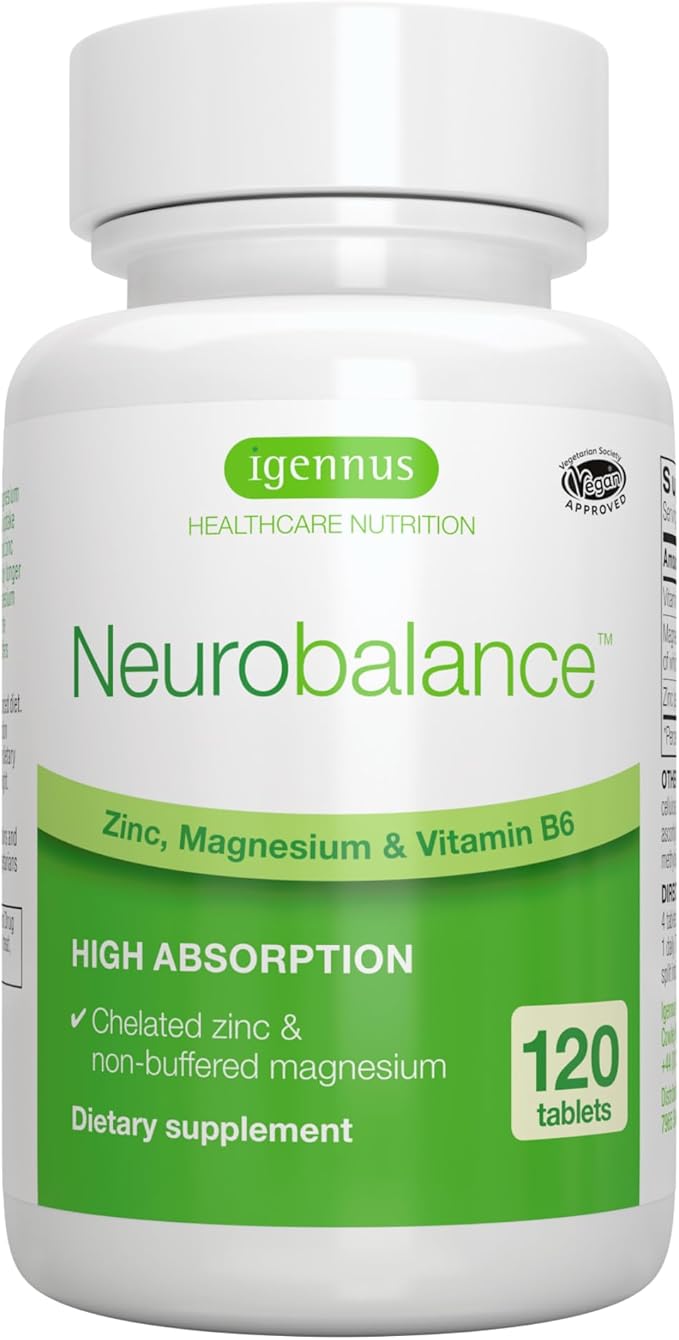 Igennus Neurobalance, High Absorption Zinc Magnesium Vitamin B6 Supplement, Non-GMO, Brain, Immune, Sleep & Muscle Recovery, Chelated Zinc Picolinate 24mg, Oxide-Free Magnesium, Vegan,120 Tablets