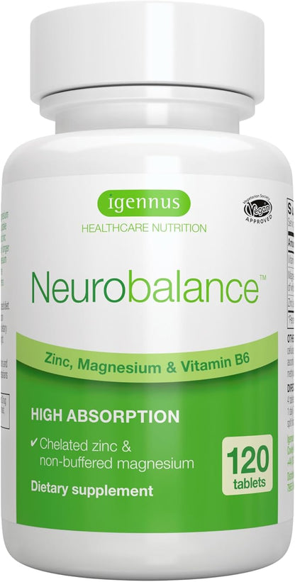 Igennus Neurobalance, High Absorption Zinc Magnesium Vitamin B6 Supplement, Non-GMO, Brain, Immune, Sleep & Muscle Recovery, Chelated Zinc Picolinate 24mg, Oxide-Free Magnesium, Vegan,120 Tablets