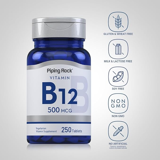 Piping Rock Vitamin B12 | 500 mcg | 250 Tablets | Supplement for Women and Men | as Cyanocobalamin | Vegetarian, Non-GMO, Gluten Free