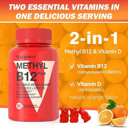 Vegan Vitamin D3 & B12 Gummies, Methyl B12 Supplement for Adults & Kids, Enhanced with Vitamin D 3 for Natural Energy, Immune, Metabolism & Focus, Orange, 90 Gummies