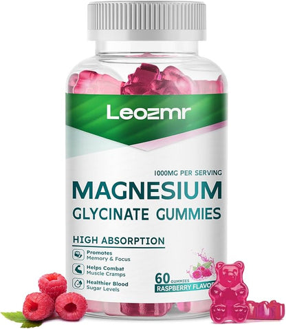 Magnesium Glycinate Gummies 1000mg - Sugar Free Magnesium Potassium Supplement with Vitamin D, B6, CoQ10 for Calm Mood & Sleep Support - 60Raspberry Gummies