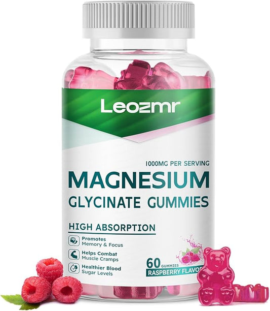 Magnesium Glycinate Gummies 1000mg - Sugar Free Magnesium Potassium Supplement with Vitamin D, B6, CoQ10 for Calm Mood & Sleep Support - 60Raspberry Gummies