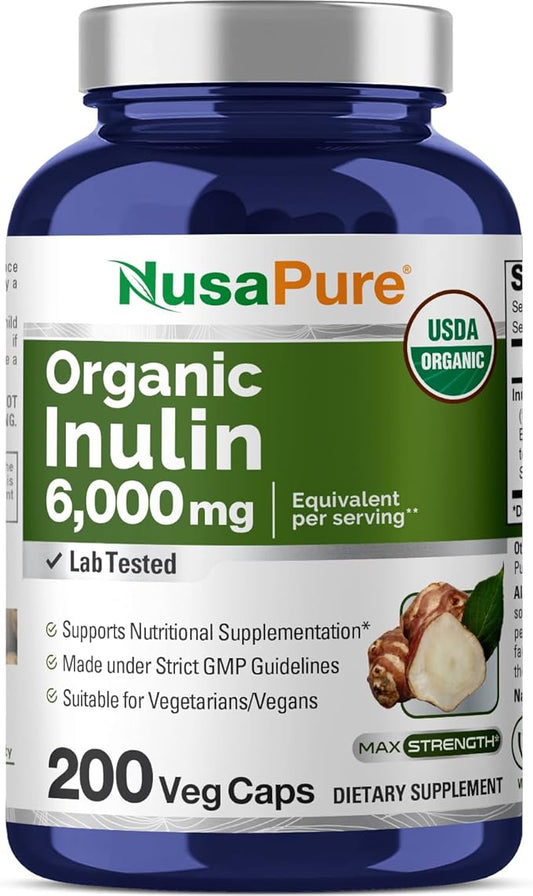 NusaPure Inulin Powder 20:1 Extract, 300 mg Equivalent to 6,000mg | 200 Veggie Capsules |USDA Organic and Non-GMO Supplement