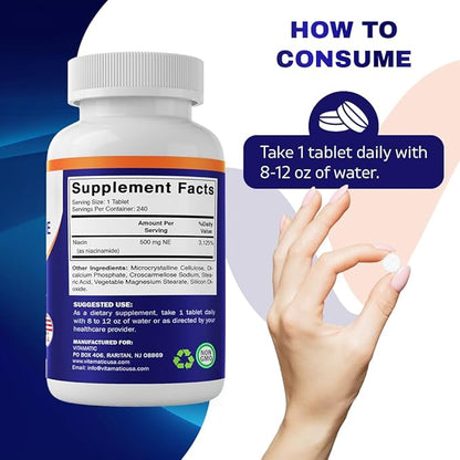Vitamatic Niacinamide 500 mg 240 Tablets - Flush Free Vitamin B3 - Supports Energy Production