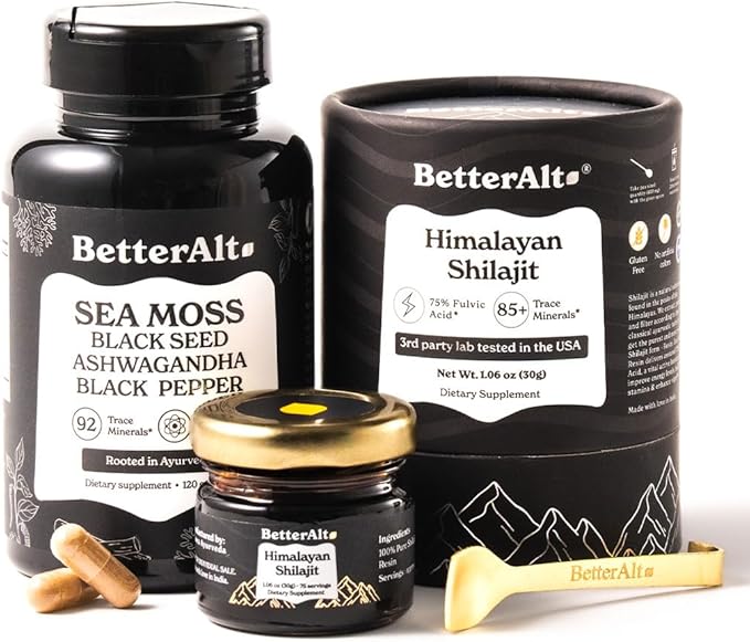 Shilajit Resin 30 gm & Sea Moss Capsules Energy Duo| Pure Himalayan Shilajit Gold Grade for Men & Women with High Potency & Irish Sea Moss with Black Seed Oil