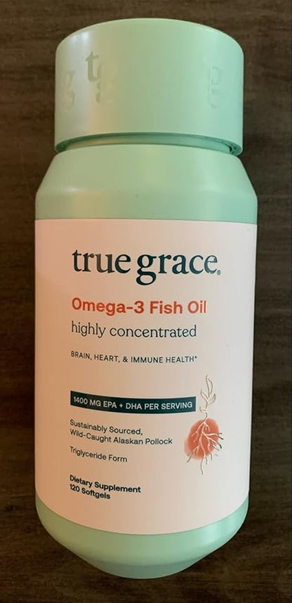 True Grace Omega-3 Fish Oil - 120 Softgels - 1400 mg EPA + DHA - Brain, Heart, Joint & Immune Health - Organic, Gluten Free, Soy Free