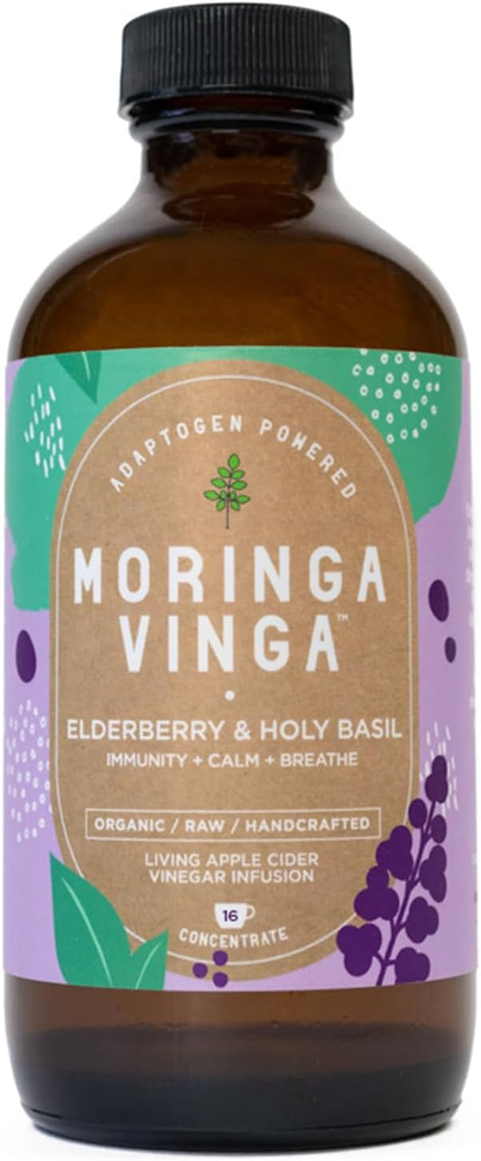 Elderberry & Holy Basil Moringa Infusion - Organic Immune Support, Respiratory Wellness, Stress Relief, Herbal Tonic with Apple Cider Vinegar, Ginger, Hibiscus, Honey - 100% Pure, Non-GMO, 8 oz
