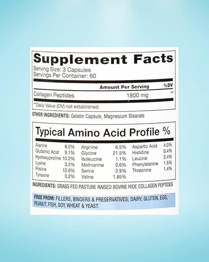 Collagen Peptides Capsules - Grass-Fed, Pasture-Raised Hydrolyzed Protein Supplement for Skin, Hair, & Nails - Non-GMO, Zero Sugar Daily Pills for Men & Women (180 Capsules)