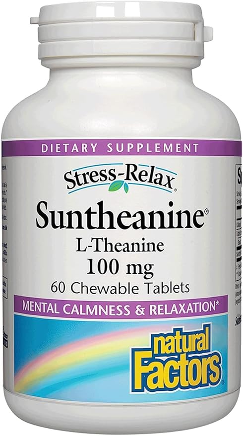 Stress-Relax Chewable Suntheanine L-Theanine 100 mg by Natural Factors, Non-Drowsy Stress Support for Mental Calmness and Relaxation, Tropical Fruit Flavor, 60 Tablets