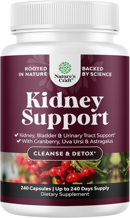 Kidney Support Supplement - High Strength Kidney Cleanse, Detox & Repair Cranberry Extract Capsules with Uva Ursi, Stinging Nettle & Chanca Piedra - Urinary Tract Health & Bladder Cleanse - 240 Caps