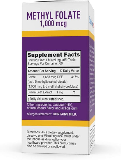 Superior Source Methyl Folate 1,000 mcg - Folate Supplement for Women & Men - Methylated Folate Supplement Supports Healthy Nervous System & Red Blood Cells - 60 Sublingual Dissolving Tablets