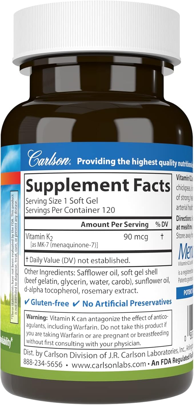 Carlson - Vitamin K2 MK-7 (Menaquinone), 90 mcg, Bone Support, Calcium Bioavailability, K2 Vitamin, Vitamin K-2, 120 Softgels