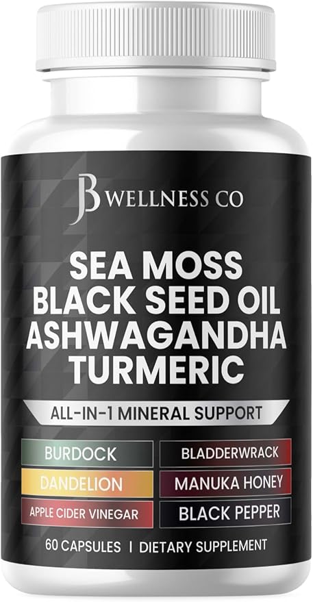 Sea Moss Black Seed Oil Ashwagandha Turmeric Bladderwrack Burdock - with Manuka, Honey Dandelion, ACV Black Pepper Gluten Free - 60 Count