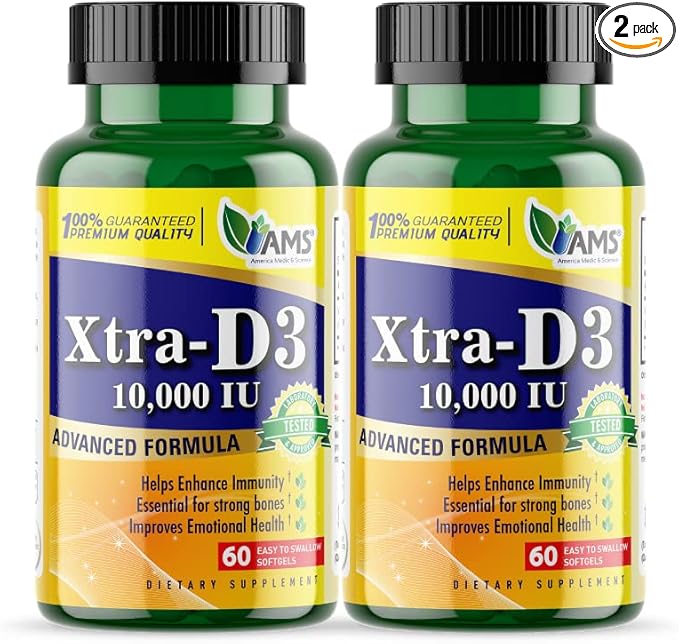 America Medic & Science Xtra D3 Vitamin D 10,000 IU (250 mcg) Cholecalciferol Supplement for Men & Women (120 Easy to Swallow Softgels)Best for Bone, Heart Health, Immune System Support, Lung Function