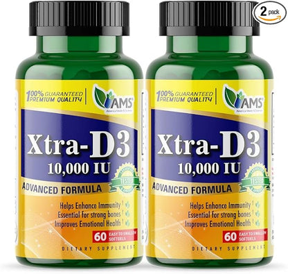 America Medic & Science Xtra D3 Vitamin D 10,000 IU (250 mcg) Cholecalciferol Supplement for Men & Women (120 Easy to Swallow Softgels)Best for Bone, Heart Health, Immune System Support, Lung Function