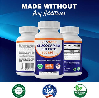 Vitamatic Glucosamine Sulfate Supplement, 1500mg, 120 Servings, 240 Capsules