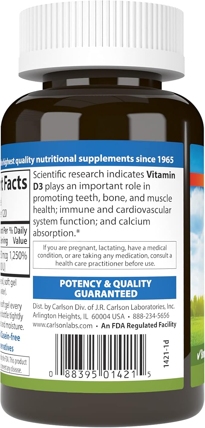 Carlson - Vitamin D3, 10000 IU (250 mcg), Vitamin D Supplements, Bone & Immune Support, Vitamin D3 Softgels, Heart Health, Gluten Free Vitamin D Capsules, 120 Softgels