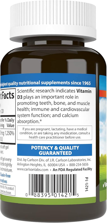 Carlson - Vitamin D3, 10000 IU (250 mcg), Vitamin D Supplements, Bone & Immune Support, Vitamin D3 Softgels, Heart Health, Gluten Free Vitamin D Capsules, 120 Softgels