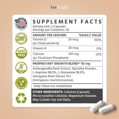 TruHeight Growth Capsules - Natural Growth & Development Supplement for Kids & Teens - Endorsed by Pediatricians - Vitamin D, K, Calcium & Ashwaganda - Bone Strength Capsules - Kids Vitamins - Ages 5+