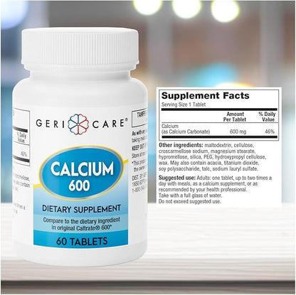 Gericare Calcium 600mg Supports Bone Health, Nutritional Supplement, 60 Count (Pack of 1)