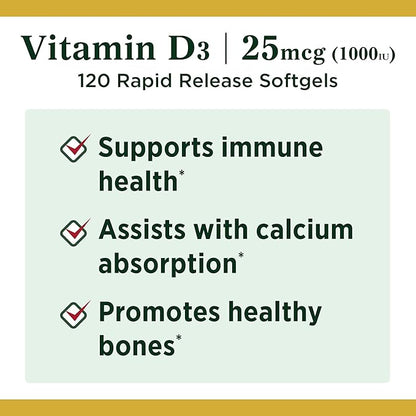 Nature's Bounty, Vitamin D3 Vitamin Supplement, Supports Immune System and Bone Health, 1000IU, 120 Softgels (Pack of 3)