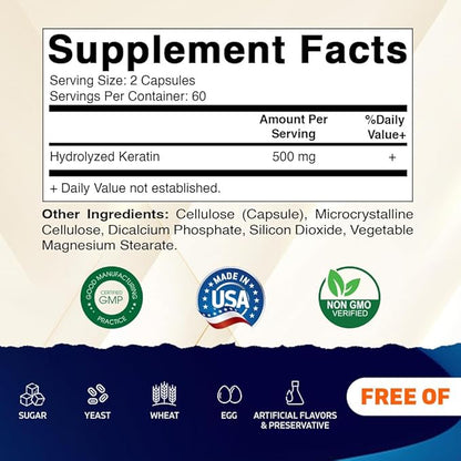 Vitamatic Hydrolyzed Keratin 500mg per Serving - 120 Vegetarian Capsules - Keratin Supplements for Healthy Hair Skin & Nails for Adults