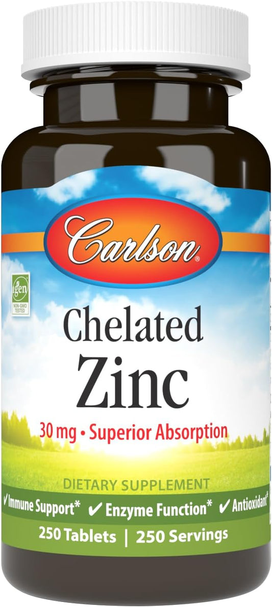 Carlson - Chelated Zinc, 30 mg, Chelated Zinc Supplement, Zinc Glycinate Chelate, Superior Absorption, Immune Support & Enzyme Function, Zinc Tablets, Antioxidant, 250 Tablets