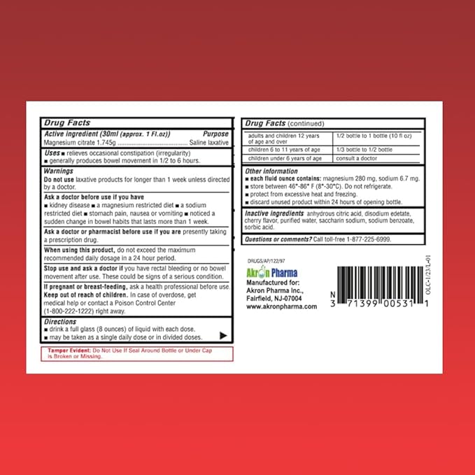 Magnesium Citrate | Cherry Flavour | 4PACK | 10fl.oz | Relief of Occasional Constipation