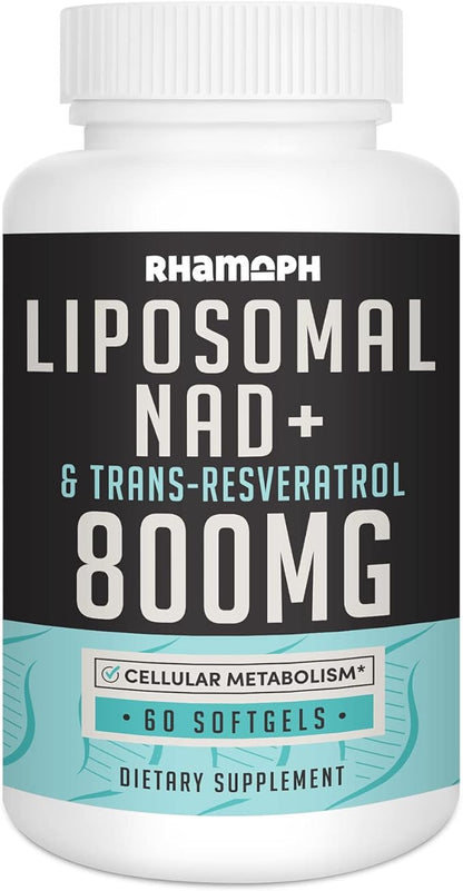 Liposomal NAD+ 800 mg with Trans-Resveratrol 300 mg, Max Absorption, Actual NAD+ Boosting Supplement for Healthy Aging, Cellular Energy, DNA Repair, Longevity - 60 Softgels