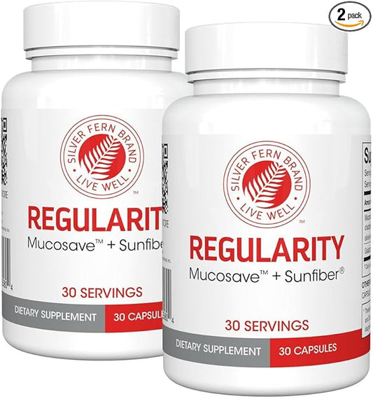 Silver Fern Brand Regularity Digestive Supplement - 2 Bottles = 60 Capsules = 60 Day Supply - Mucosave FG (Prickly Pear Polysaccharides & Olive Leaf Polyphenols) & SunFiber