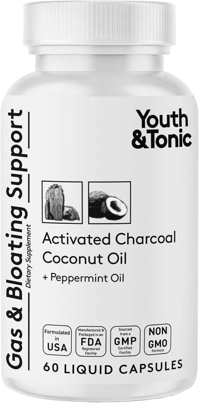 Youth & Tonic Activated Charcoal Pills for Bloating and Gas Relief to Soothe The Stomach and Digestive System Detox with Peppermint & Organic Coconut Oil, for Men & Women - 60 Liquid Capsules