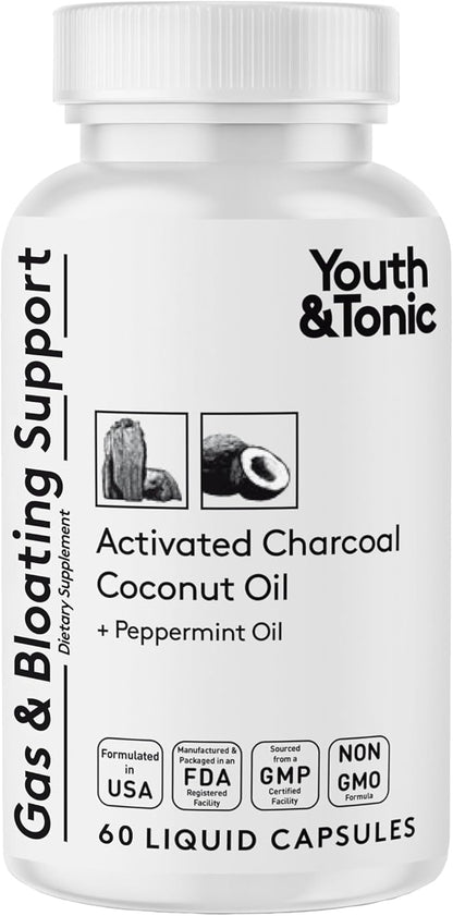 Youth & Tonic Activated Charcoal Pills for Bloating and Gas Relief to Soothe The Stomach and Digestive System Detox with Peppermint & Organic Coconut Oil, for Men & Women - 60 Liquid Capsules
